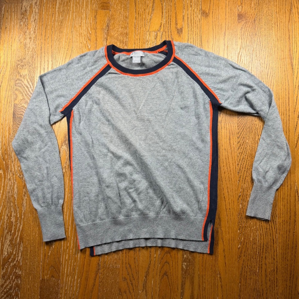 Vintage JCP Wool Blend Raglan Sweater Gray Navy Orange Stripe Pullover Womens L
